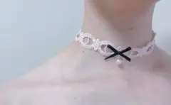 ピンク レース チョーカー リボン パール