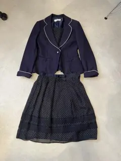 ネイビー ドット柄スカート付きジャケット セットアップ 9号