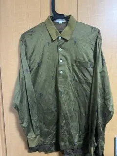 90s BURBERRY光沢 刺繍 ポロシャツ L 総柄 深緑 メンズ高級長袖
