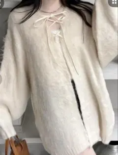 レースアップ シャギー ボリュームスリーブ ニットカーディガン アイボリー