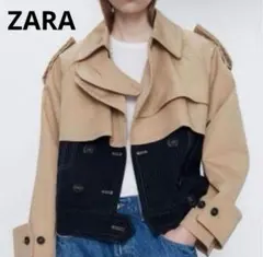 ZARAザラ ショートコントラスト トレンチコート　ベージュ　切替　異素材