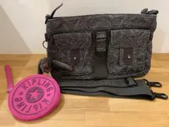 G1215-05★Kipling ショルダーバッグ グレー&ポーチ2点セット