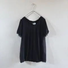 ミッシェルクラン ブラウス 黒 L 半袖 シアー フリル袖 上品 春夏　オフィス