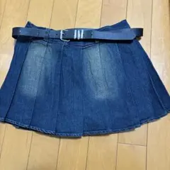ダークブルー デニム プリーツスカートパンツ　　ベルト付き