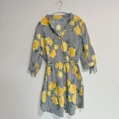 ⌣̈⃝︎美品♥︎︎ストライプ×黄色 花柄の七分袖ワンピース【S】