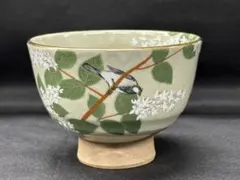 ①【USED？】皇居花鳥図 抹茶茶碗 4月 卯花とシジュウカラ 山田宴三 茶碗