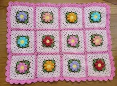 グラニースクエア　立体的お花　モチーフ編み　マルチカバー　ブランケット