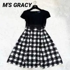 【美品✨】エムズグレイシー ワンピース　ウエストリボン　千鳥格子　36
