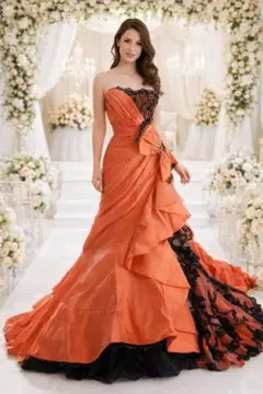 サンクタカリナのシルク生地高級ウエディングドレス7号オレンジカラードレス