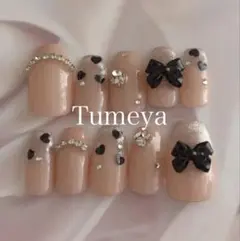 ネイルチップ 大人 韓国 ワンホン リボン ハート チェーン フレンチ