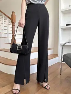 スリット入りフレアパンツ フロントジップ