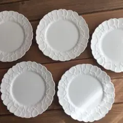 有田焼香蘭社 白磁紫陽花レリーフ19㎝リムプレート5枚セット 中皿 銘々皿