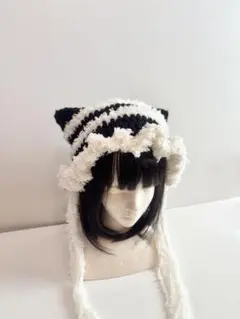 【最終価格】猫耳ニット帽 ブラック×クリーム y2k 編み物 ハンドメイド