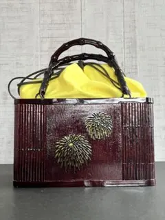 新品未使用　花火柄の透かし彫り　竹籠　カゴバッグ　巾着袋付き　浴衣　単衣着物のサムネイル