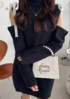 GRL／グレイル／リボンショルダーオープンシャギーニットワンピース[gn183]