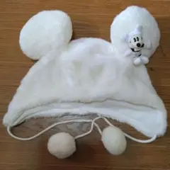 ディズニー　ミッキーマウス　耳付きファンキャップ　ラメ入り白　マスコット付　w