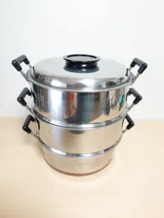 三段蒸器《セイロ PEACH BRAND 高級 ステンレス 3段蒸し器 中古》