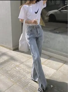 ぽん様専用GRL フロントスリットハイウエストデニムパンツ[cu300]