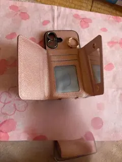 ピンク ゴールドiPhone17ショルダーケース カードポケット、ミラー付き