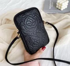 【新品】スマホショルダーバッグ　スマホポーチ　お財布ショルダー 薔薇柄 黒