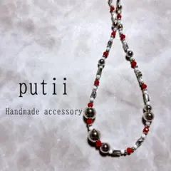 ビーズネックレス 赤 白 シルバー