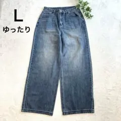 ダークブルーワイドレッグデニム　Ｇパン ジーンズ　刺繍柄　ゆったりパンツ　Ｌ