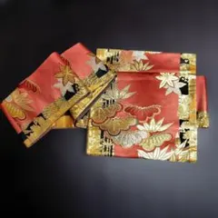 赤色 花柄 袋帯 金糸刺繍