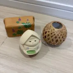 和の置物 3点セット 木箱 竹の一輪挿し、陶器人形