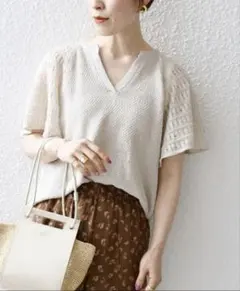 新品♪SHIPS any メッシュ スリーブ リネン ラミー ニット ベージュ