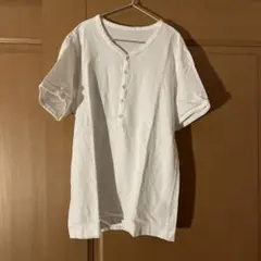 ホワイト ボタン付き 半袖Tシャツ