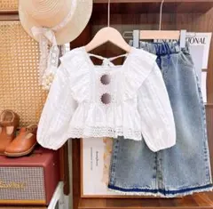 ホワイトフリルブラウス　デニムワイドパンツキッズ用可愛い　上下セット　コーデ売り