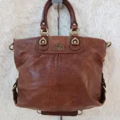コーチ　ブラウン レザー トートバッグ 2way ロゴ入り　ショルダー　大容量