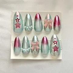 【ネイルチップ】【現品限り】オーロラミラー 星 リボン 地雷系 量産系 参戦服