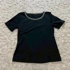 【美品】チェックパイピングカットソー 黒 半袖Tシャツ L