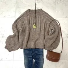 美品 スピックアンドスパン ブラウン 編み込みデザイン 長袖ニット ラメ入り