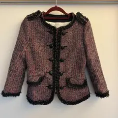 ノーカラー ツイード ジャケット 赤黒 ダブルブレスト