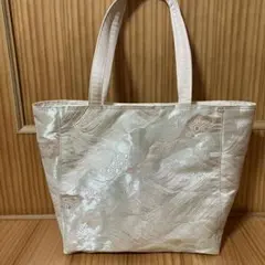 272 帯リメイクバッグ　波模様刺繍トートバッグ　シルバー　大きめ