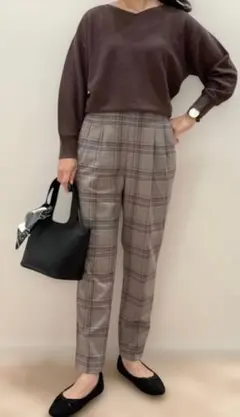 GLOBAL WORK ウツクシルエットテーパード　グレーチェック柄　Lサイズ