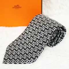 激レア 極美品 HERMES エルメス ネクタイ 馬蹄 総柄 シルク ブラック