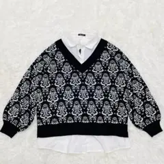 ジュリーブ　ホワイトシャツ付き　Vネックデザインニット　ブラック　【L】