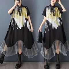 【新品】大きいサイズ夏服チュール ドッキング ワンピース 3L ぽっちゃり 秋