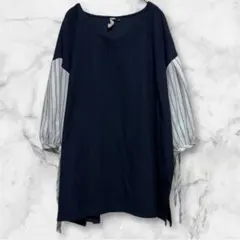 Vネックチュニック　七分袖　袖紐付き　ネイビー　ストライプ　 4L