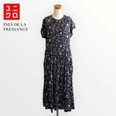 ユニクロ +イネス✨️花柄 ロングワンピース M 春 フレンチスリーブ
