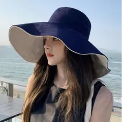 つば広帽子　ネイビーUVカット　紫外線防止　日焼け防止　バケハ　リバーシブル