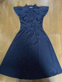 GUネイビー ドット柄 フリル袖 ワンピース
