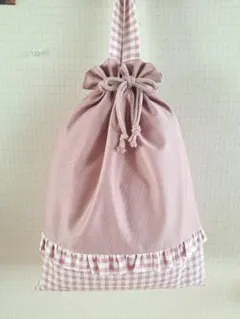 51 持ち手付きフリル巾着袋 ピンク ギンガムチェック 体操服 お着替え