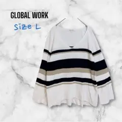 s.76【グローバルワーク】ニットトップス Vネック ボーダー カジュアル L