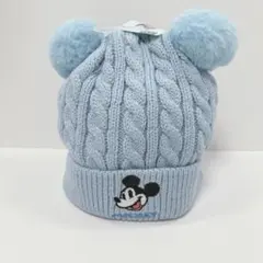 新品★ 韓国限定　ミッキー ニット帽 ボンボン付き　裏ファー 青色