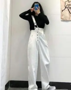 ワンショルダー サロペット ホワイト デニムパンツ