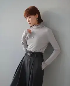 シアーリブメローハイネックトップス シースルータートル グレー Lumier